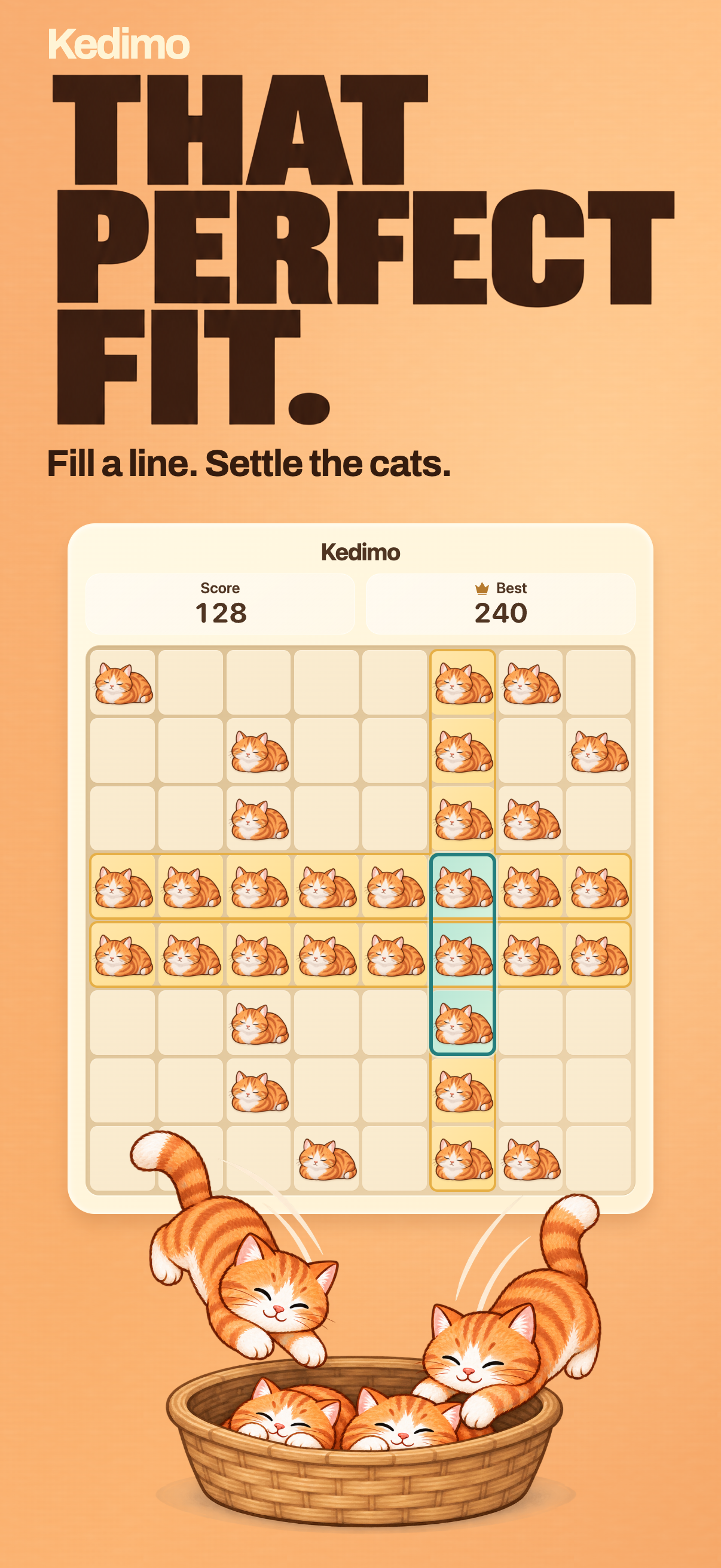 Complete rows and columns send sleepy cats into their basket.